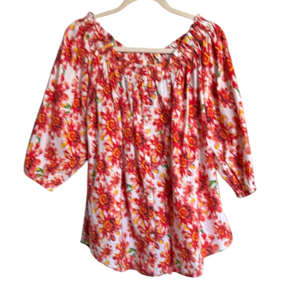 STEVIE & LINSAY Womens Colorful Floral 3/4 Sleeves Shoulder Top Size 3X Feminine